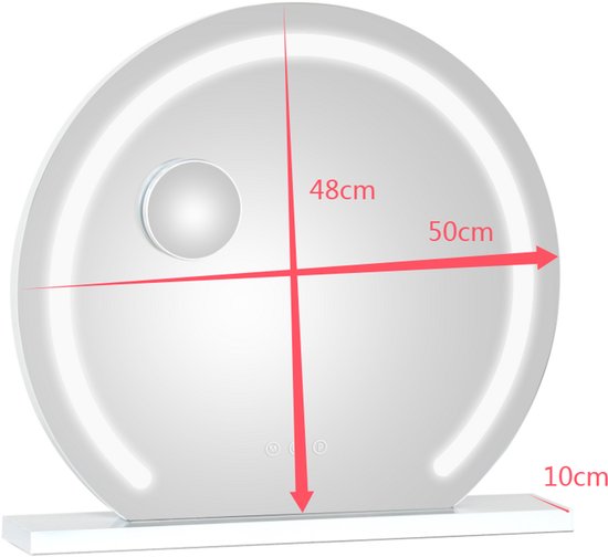 Ronde make-upspiegel met LED-verlichting, een afneembare 10x vergrotingsspiegel en afmetingen van 50cm breed en 48cm hoog.