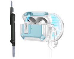 Sounix Hoesje geschikt voor Airpods Pro 1 / 2 - Met schoonmaak borstel - Airpods Pro Hoesje - Armor Case met Lock - Wit/Lichtblauw