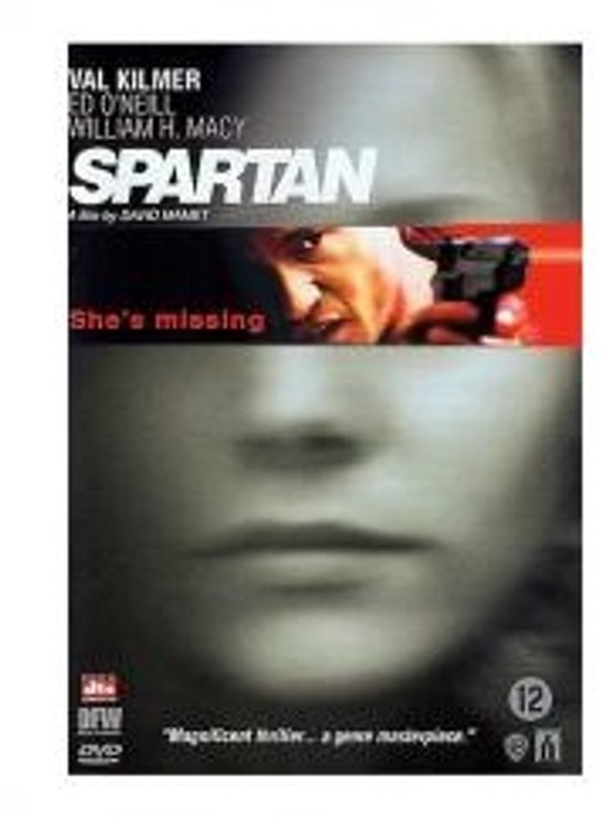 DVD hoes van Spartan met de wazige gezichten van een vrouw en een man met een pistool