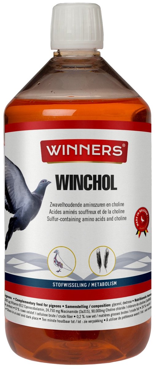 Belgian Winners Winchol 1L - Aanvullend supplement voor reisduiven en sierduiven. Ondersteunt de stofwisseling, bevordert een gezond vederkleed en werkt zuiverend. Ondersteunt de duiven tijdens rui, kweek en vluchten.