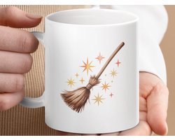 Mok, Witch Broom Mug, Magic Spells Gift, Halloween Decor Mug, Cute Witchcraft Coffee Cup, Broomstick Lover Gift, Stars