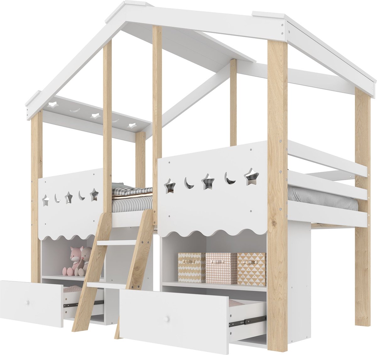 Merax Halfhoog Huisbed 90x200 cm – Kinderbed met LED-verlichting - 2 Opbergladen - Massief Hout - Wit & Naturel – Zonder Matras