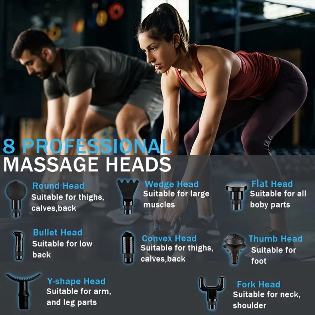 Afbeelding 3 van Fascia-massagepistool met 8 verwisselbare massagekoppen - USB-oplaadbaar, ergonomisch ontwerp, geschikt voor volledige lichaams-, spier- en triggerpointmassage, diepe weefseldrukmassage