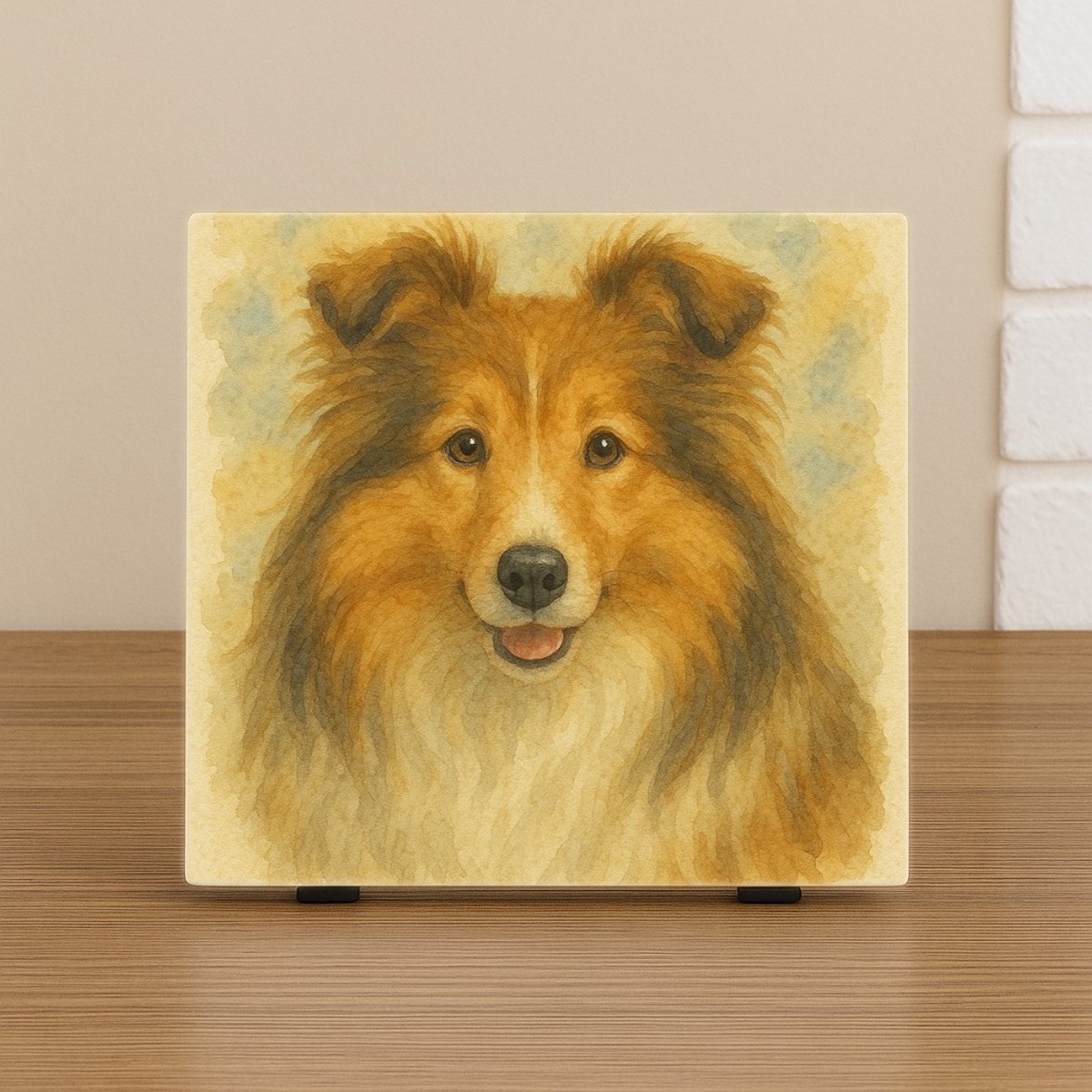CreaCraft Spreuk Tegel 10,5x10,5cm – Sheltie Hond – Aquarel Portret & Wanddecoratie – Trendy Nu –Decoratie – Zomaar – Decoratief Tegeltje met Standaard – Cadeau Idee Illustratie