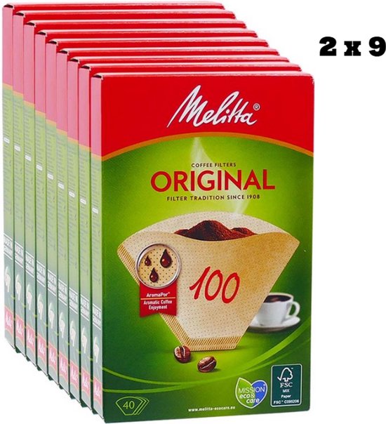 Stapel van tien Melitta ORIGINAL koffiefilters, 100/40, natuurkleur. Doos met '2 x 9' erop.