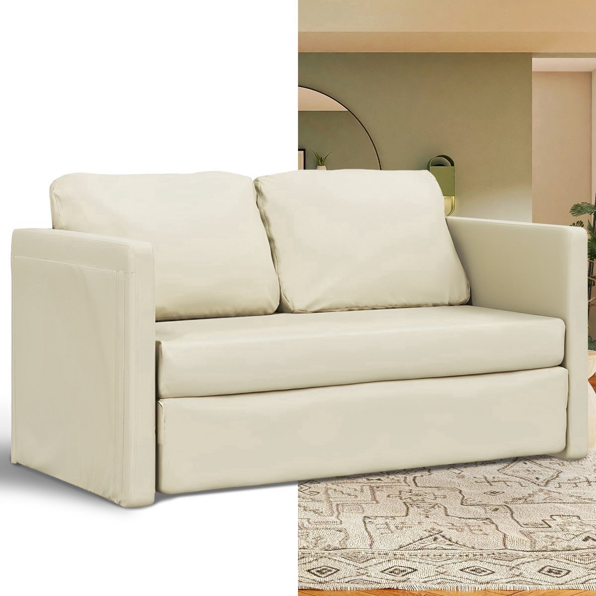 Slaapbank - Uitklapbaar - Slaapstoel - Logeerbed - Zetelbed - Slaapfauteuil - Vouwbed - 2 persoons - Zeer comfortabel - Crèmekleur