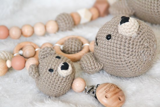 baby speenkoord set beer - babyspeelgoed - wagenspanner - maxi cosi hanger - babyshower cadeau- kraamcadeau - teddy wagenspanner - Kersvers — afbeelding 5
