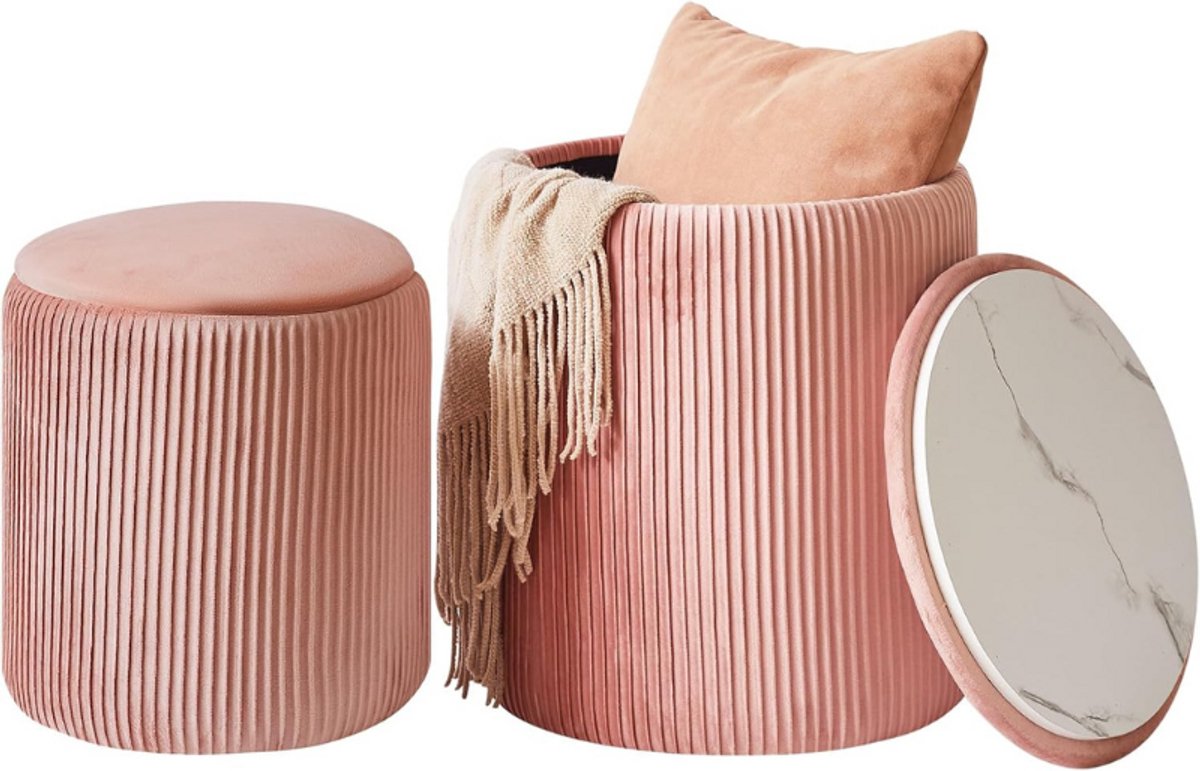 Set Van 2 Ronde Fluwelen Opbergkrukken Roze - Multifunctionele Ottomaanse Met Zitting En Opbergruimte - Make-Up Kruk En Voetenbank Voor Woonkamer - Slaapkamer - Salon