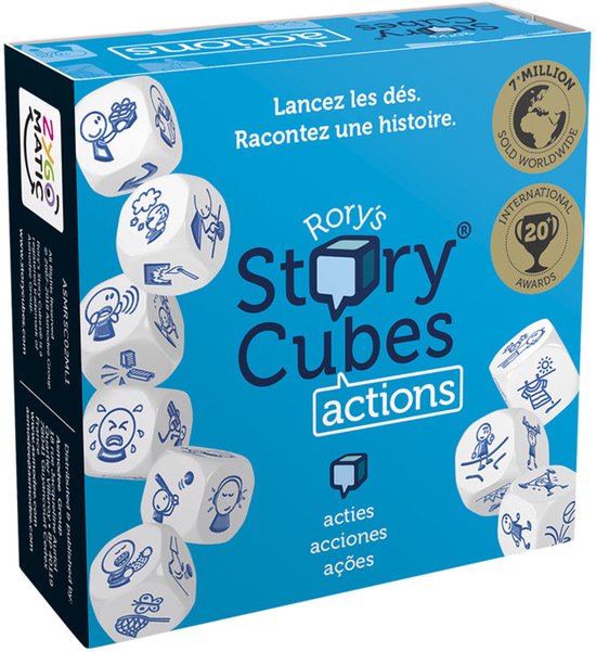 Doos van Rory's Story Cubes Actions met 9 dobbelstenen met actie-iconen, 'Lancez les dés. Racontez une histoire.'