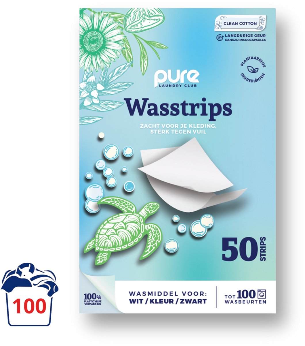 Pure Laundry Club Wasstrips - Clean Cotton - 100 Wasbeurten - Krachtige Reiniging - Plasticvrij Wasmiddel - Wasmiddeldoekjes voor Wit, Kleur & Zwart