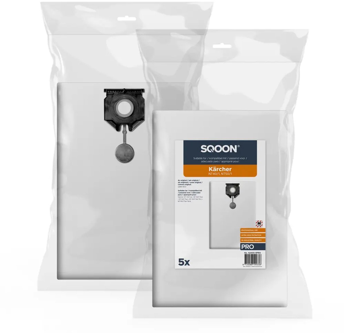 SQOON® Stofzuigerzakken Geschikt voor Kärcher NT 40/1 & NT 50/1 – Vervangt Model 2.889-155.0 – M-Klasse 3D Ultra High Filtration PRO – Extra Sterk - 5 Stuks
