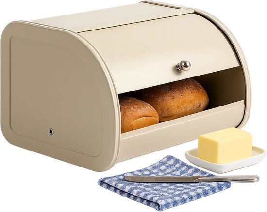 Boîte à pain beige doux avec couvercle coulissant, avec deux petits pains à l'intérieur, du beurre et une serviette.