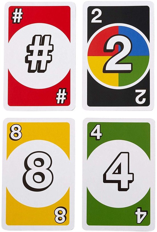 Vier speelkaarten: rood met #, zwart met een gekleurde 2, geel met een 8, groen met een 4.