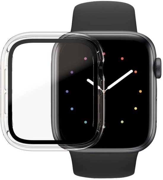 Apple Watch met zwarte band en PanzerGlass screenprotector.