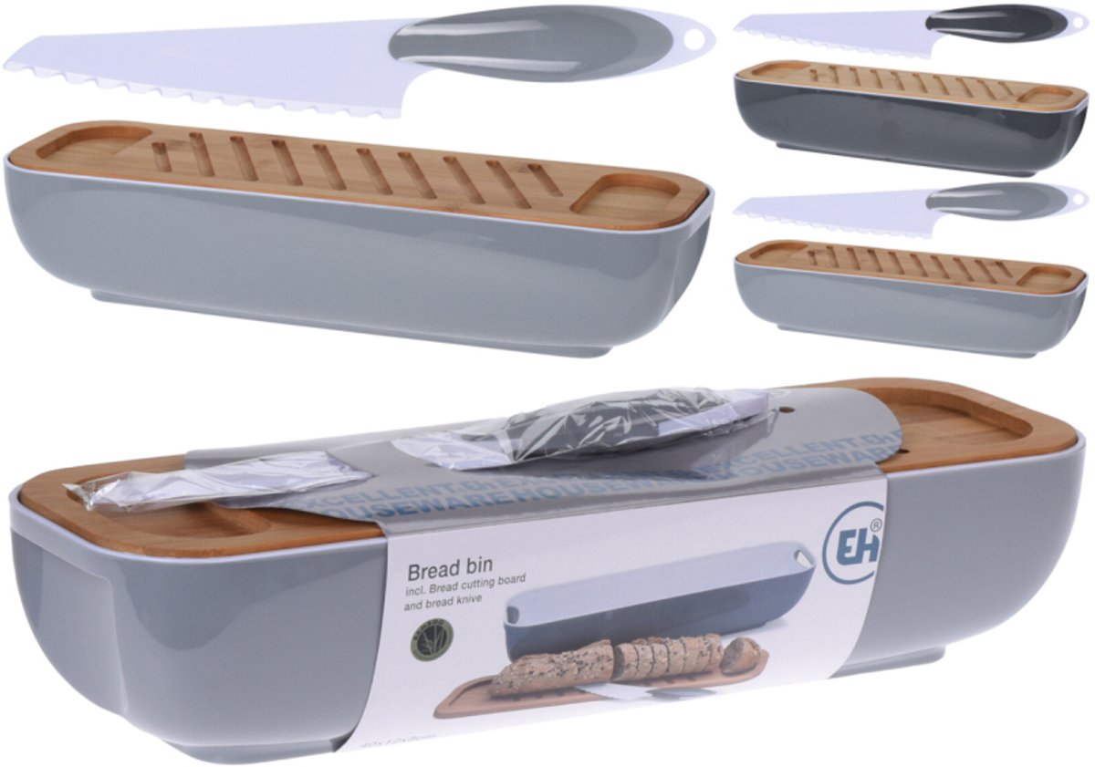 Excellent Houseware Brooddoos met Snijplank en Messenset - Grijs, 40 x 12,5 cm