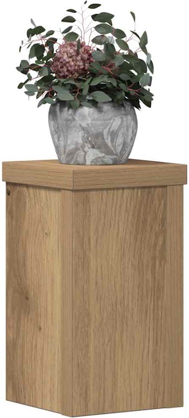 Houten plantenstandaard met eikenlook, 10x10x18 cm, met grijze vaas met plant erop.