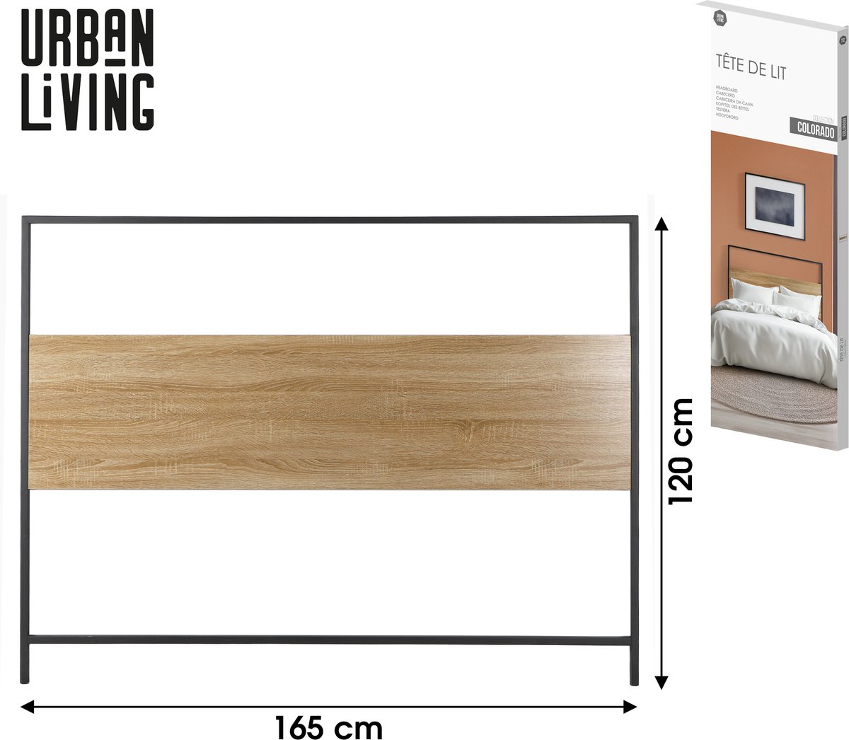 Urban Living "COLORADO" Hoofdbord 165 x 120 cm Sonoma eik en zwart