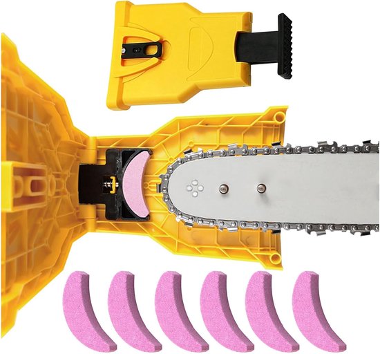 Gele kettingzaagslijper met kettingzaagketting en zes losse roze slijpkoppen.