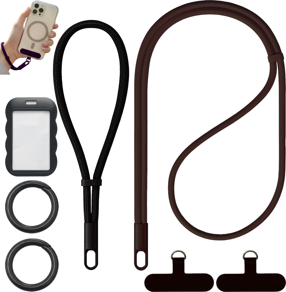 Universeel Nek & Polsband Telefoonkoord met Ringen, Badgehouder, Bevestigingsplaatjes - GSM Lanyard Keycord - Nekkoord Strap Telefoonketting - Telefoon Koord/Cord - Musketonhaak Sleutelhanger Sleutelkoord - Pashouder Keykoord - Phone Kettingen -Zwart