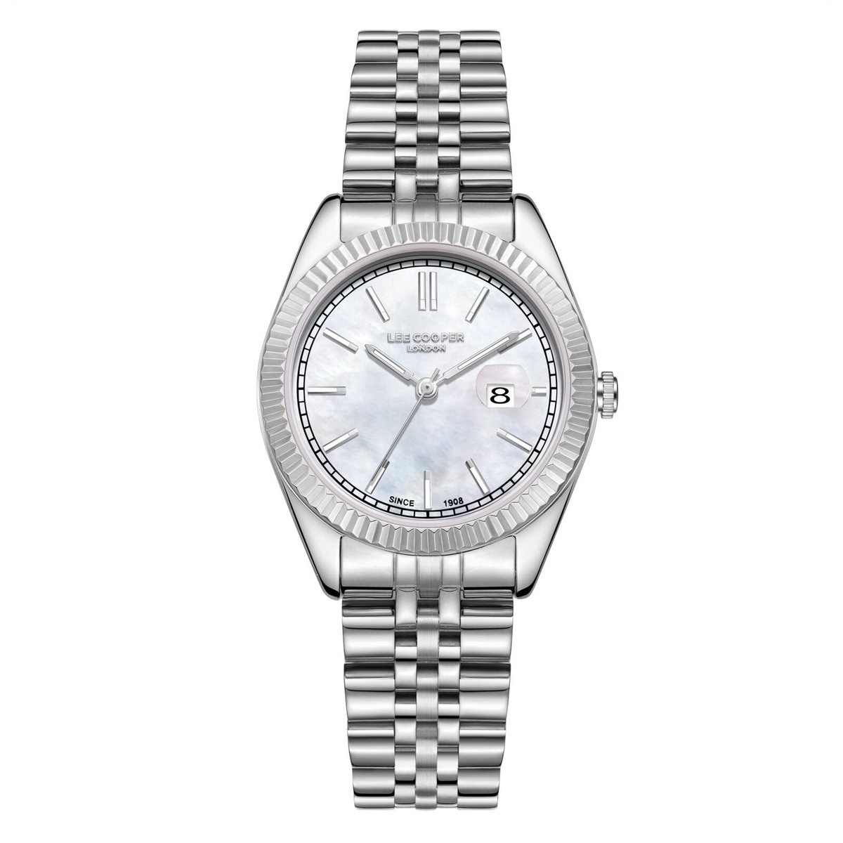 Lee Cooper LC08210.320 - Horloge - Polshorloge - Analoog - Dames - Vrouwen - Stalen band - Metaal - Rond - Strepen - Datumaanduiding - Zilverkleurig - Wit - Zwart