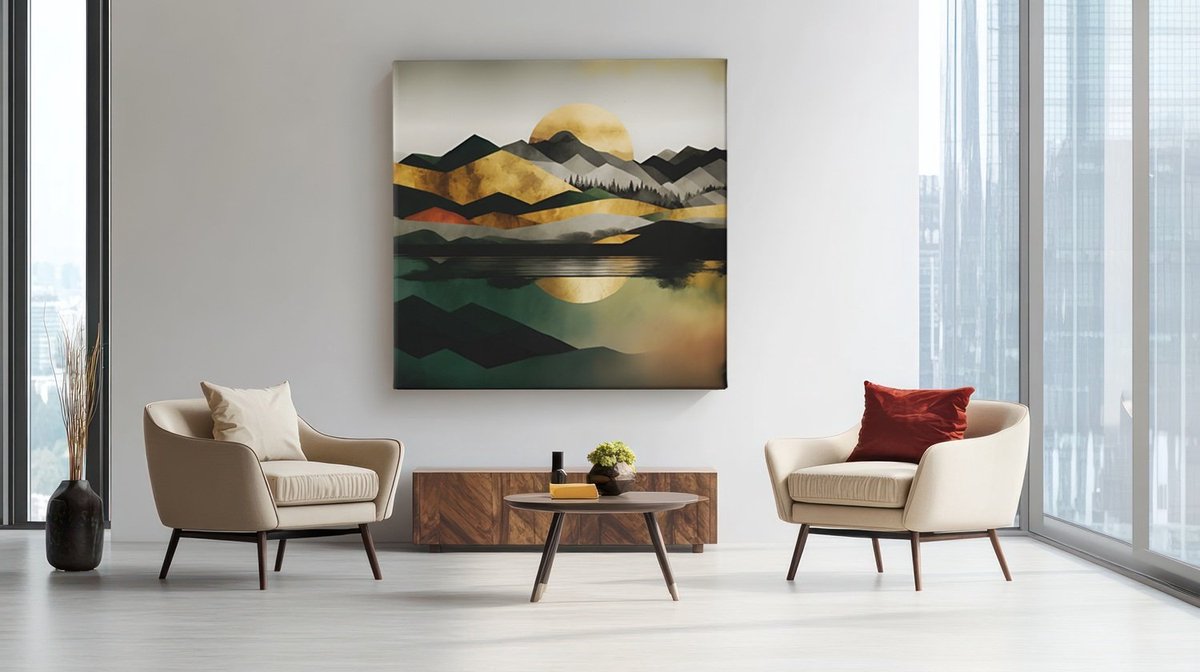 Trendex Global Vierkant Canvas Schilderij - Abstract - Landschappen - Kleurrijk - 40x40x2 cm Goud