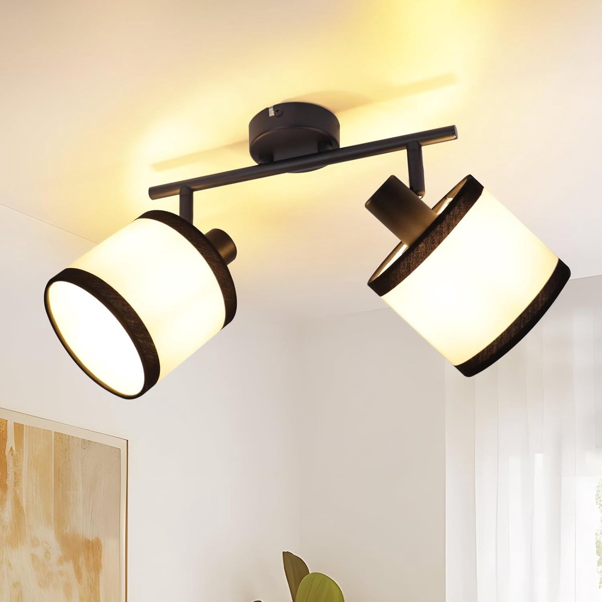 Glitzerlife Vintage Stoffen Plafondspot - Plafondlamp - 2-lichts E14 Fitting - Zwart - Zwenkbaar - Exclusief Lichtbron - Voor Keuken, Slaapkamer, Kinderkamer, Garderobe
