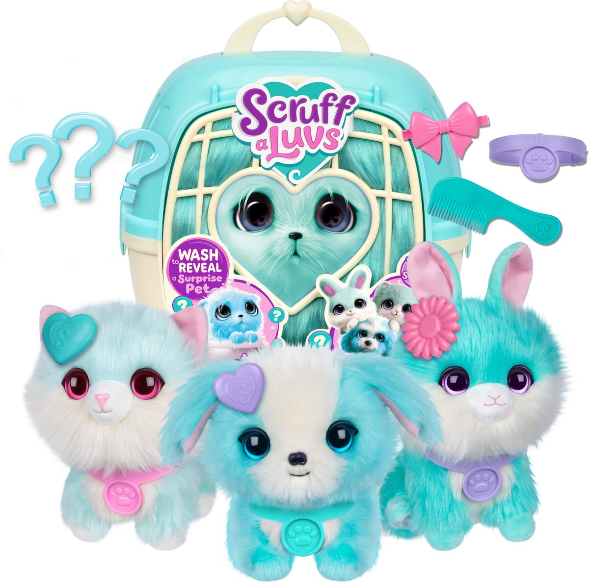 Scruff a Luvs - Blauwe Mystery Knuffel in Draagmand - Puppy, Kitten of Konijntje