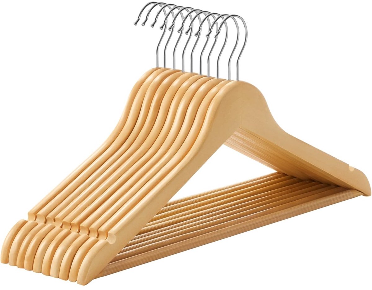 EXCITAT 10-pack massief houten hangerset - Gegroefde schouders - Antislip broekhanger - Draaibare haak - Geschikt voor pakken en overhemden - Natuurlijk hout