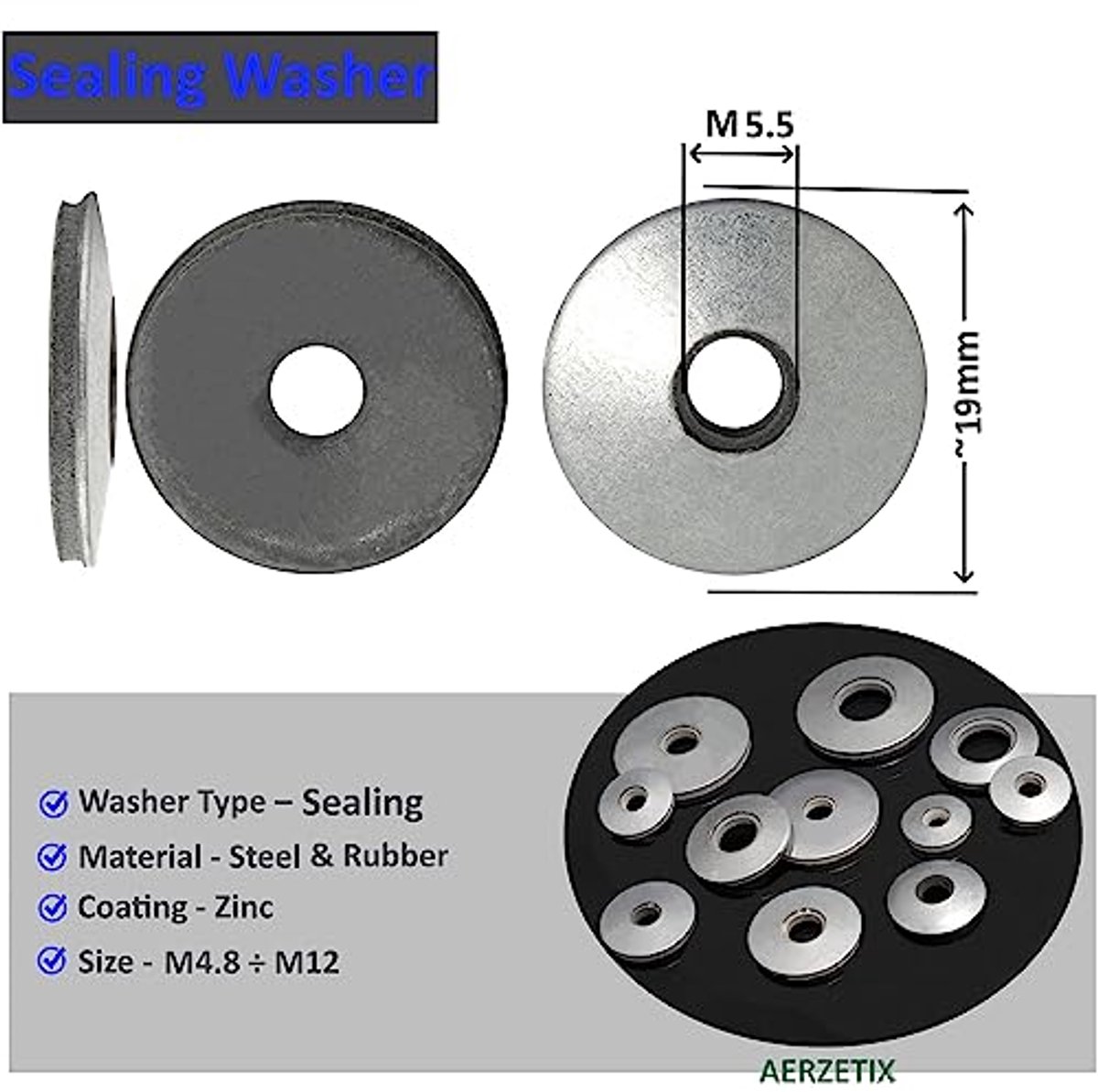 C67610 - Set van 50 EPDM Wasringen 5.5 x 19 mm met Seal - Gemaakt van Gegalvaniseerd Staal
