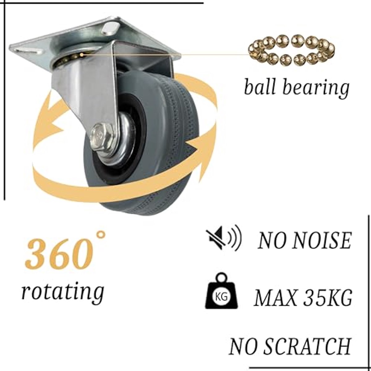 C42667 - Set van 4 meubelwielen - 360Â° draaibaar - zonder rem - hoogte 70 mm - draagvermogen 35 kg