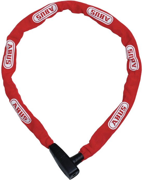 Rood ABUS kettingslot met witte 'ABUS' logo's, in een lus gelegd.