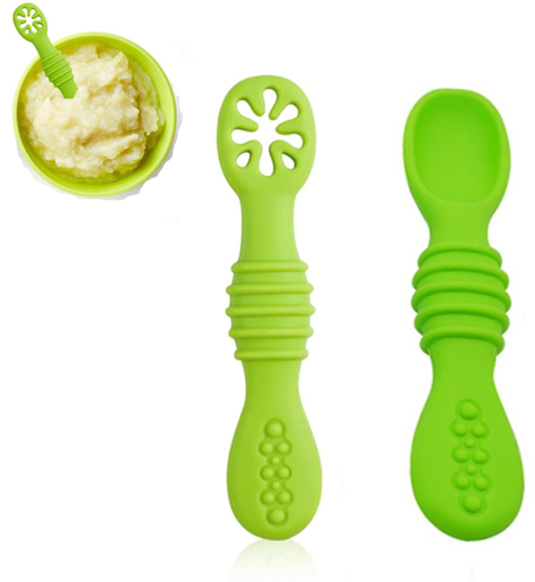 Image of 2 stuks Kinder Lepeltjes - kinderbestek - Baby Lepeltjes - Bestek Lepel - Siliconen Lepel - lepel - babybestek - kinderlepel - kinderbestek - Zachte lepel - Groen