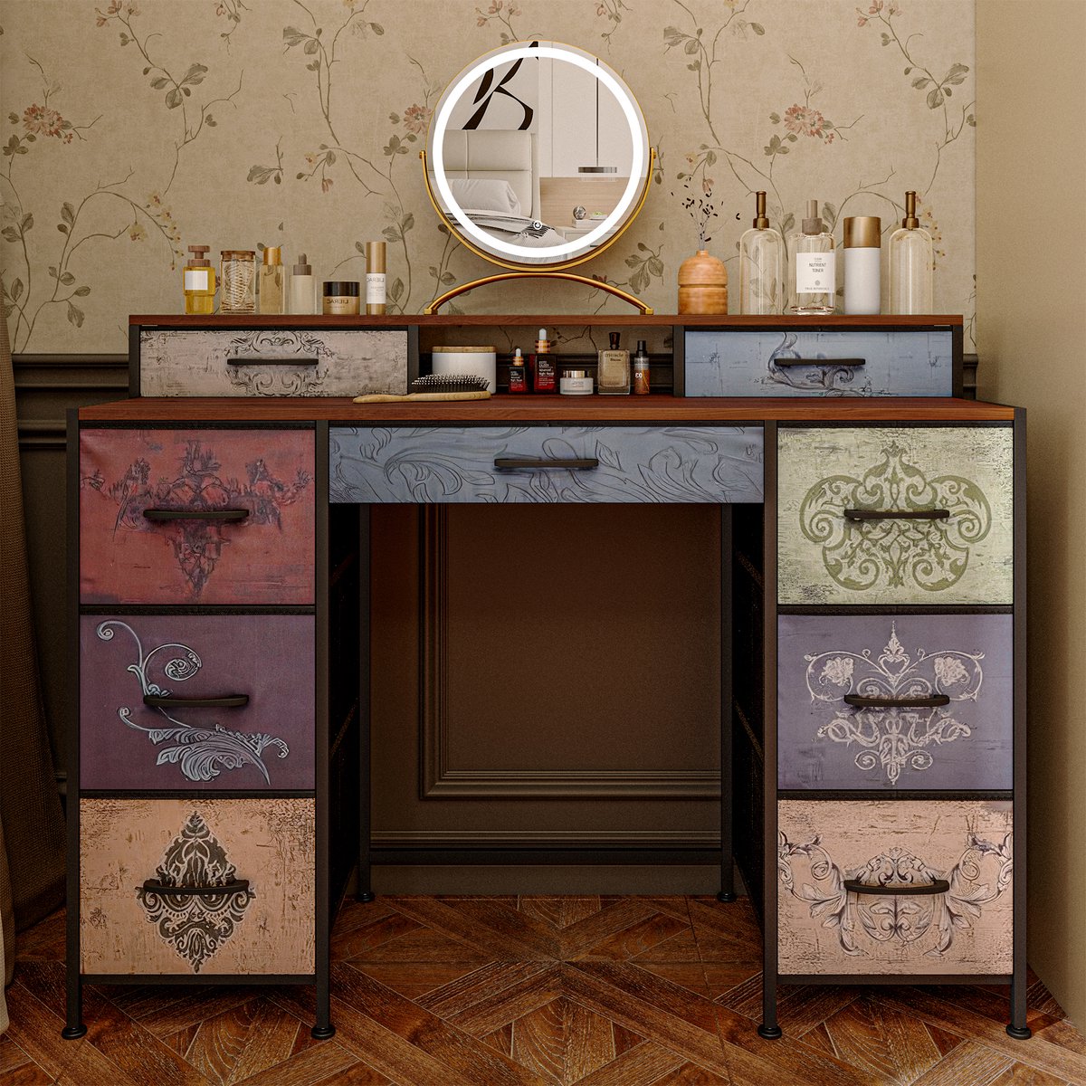 Kaptafel met 9 lades, ladekast voor slaapkamer, ladekast in retrostijl, stoffen ladekast, metalen frame, houten oppervlak, stoffen lades voor woonkamer, slaapkamer, kleedkamer, gang, 121 cm (zonder kruk en spiegel)