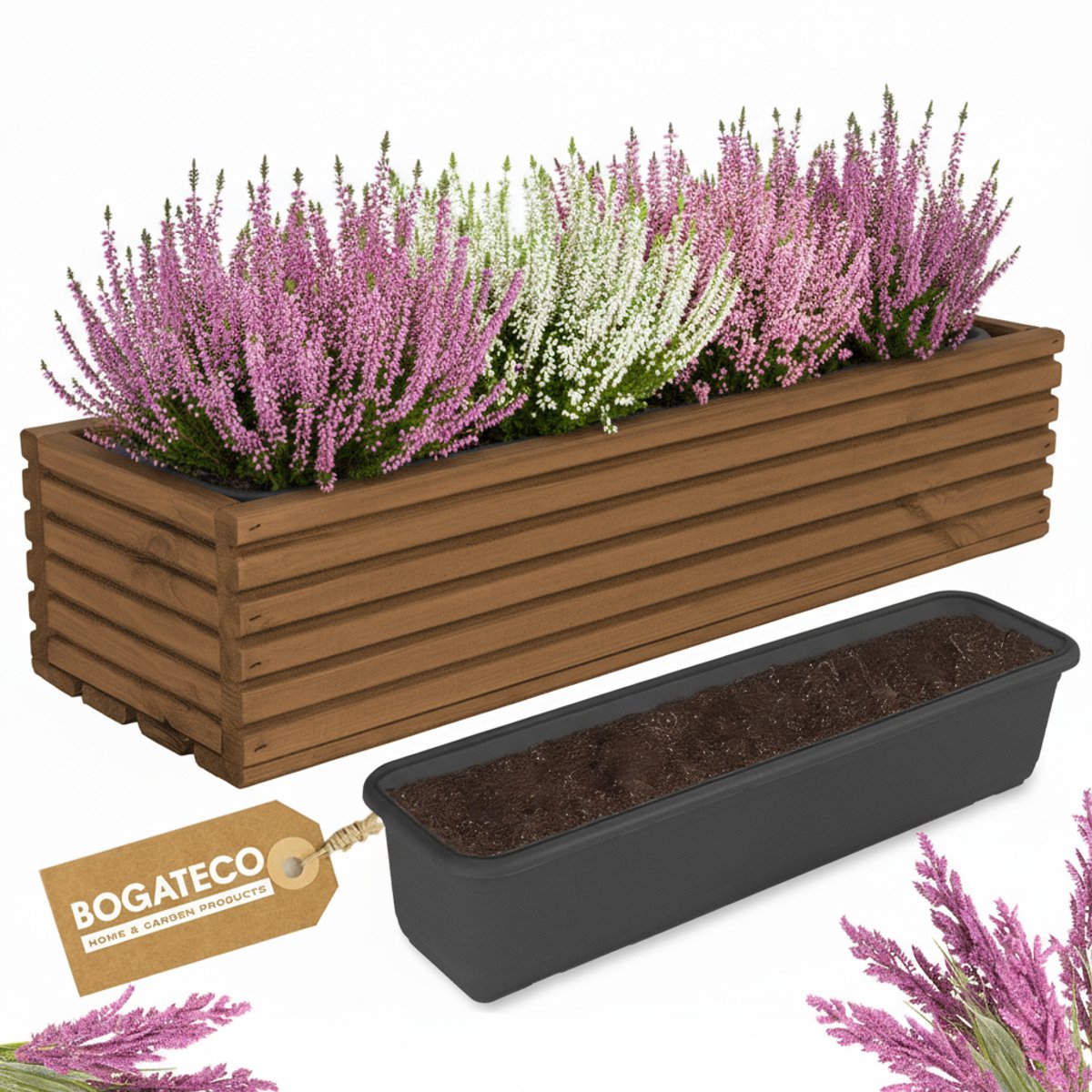 Houten bloembak | Plantenbak | Bloempot 64 x 20 x 14,5 cm | Kruidenpot | Bloempot met kunststof inzetstuk | Waterdicht | Donkerbruin