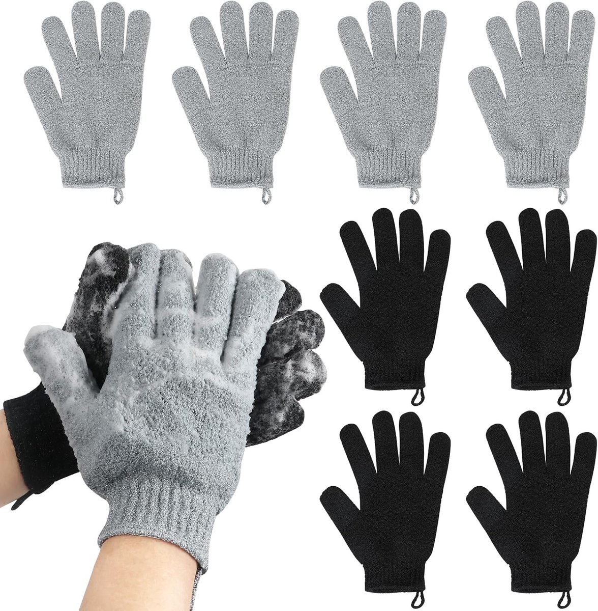 4 paar Exfolierende handschoen - Scrub handschoenen - Dubbelzijdige badhandschoenen - Herbruikbaar - Unisex - Badhandschoenen voor baden, spa's en massages - Zwart + grijs