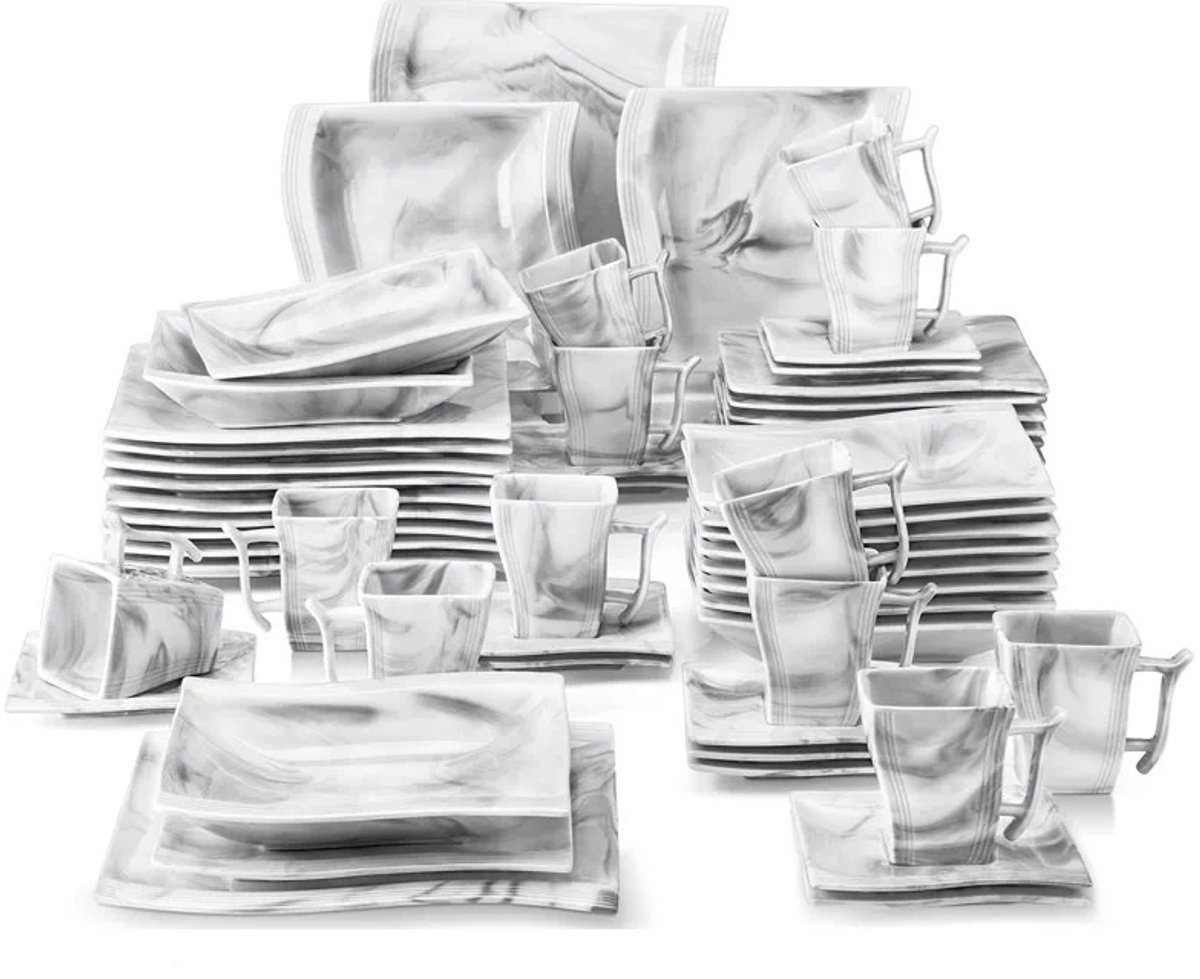 60-delige Porseleinen Servies Set – Compleet Marmer Servies voor 12 Personen – Inclusief Dinerborden, Dessertborden, Soepborden, Kopjes & Schoteltjes – Luxe Serviesset