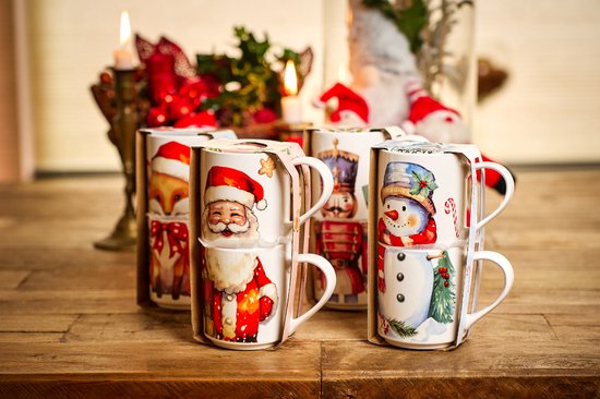 Tasses de Noël en porcelaine – 265 ml – Set de 2 – 4 imprimés différents – Emballage cadeau festif