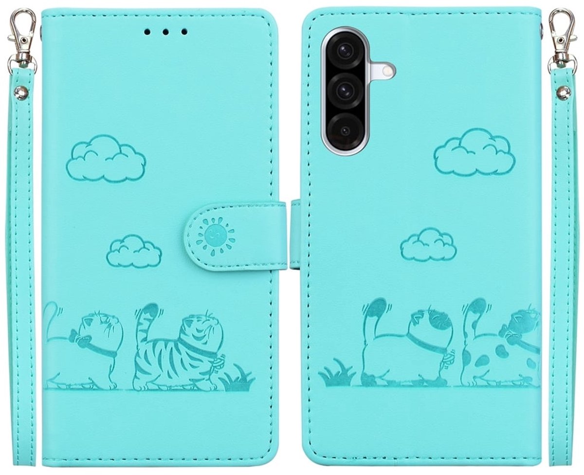 BookCover Hoes Etui geschikt voor Samsung Galaxy S25 FE - Cartoon Cats - Mint-Groen - Reliëf