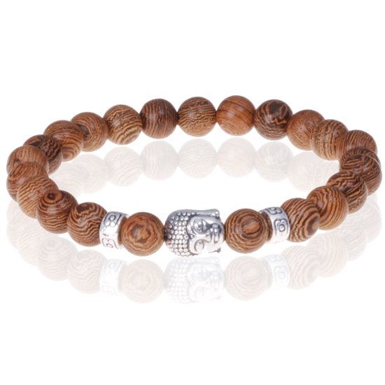 Bracelet en perles de bois marron Bouddha argenté
