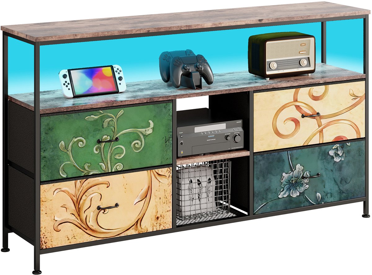 LED Moderne tv-kast met lades, lowboard voor tv met 4 stoffen lades, tv-kast met ledverlichting en tv-standaard, veelzijdige tv-kast voor woonkamer en slaapkamer, stijlvol tv-meubel, 137 cm, Multi-Groen
