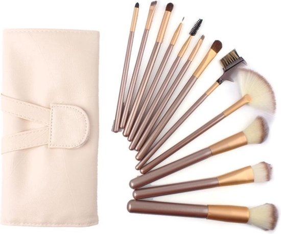 Makeup brush set | Professionele 12-delige Beige goudmake-up kwasten set | Inclusief lederen etui voor Cosmetica en Make-up
