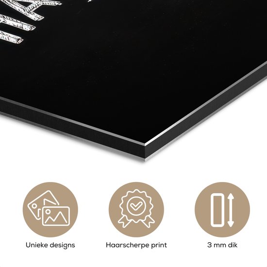 Aluminium schilderij 60x90 cm - Wanddecoratie metaal - Hamburger - Krijttekst - Zwart - Wit - Metalen muurdecoratie woonkamer - Decoratie industrieel - Foto op dibond - Industriële accessoires slaapkamer