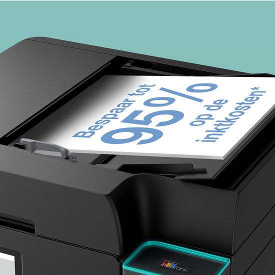 Detailopname van een Epson EcoTank printer met een papier eruit met de tekst 'Bespaar tot 95% op de inktkosten'.