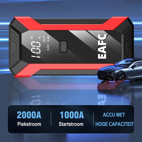 Zwarte en rode EAFC jumpstarter met een digitaal display waarop 100% staat.