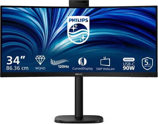 34″ Philips 3000 series curved monitor 3440×1440 WQHD VA paneel 120Hz 4ms USB-C HDMI DisplayPort zwart