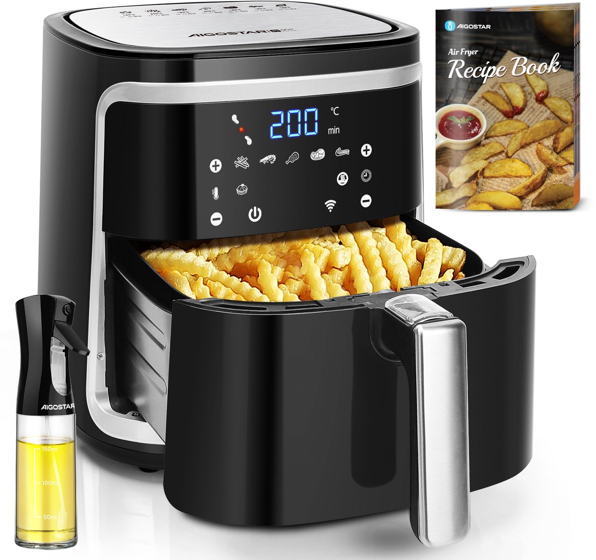 Aigostar 30IBT - Airfryer XXL met Olijfolie Sprayer - Heteluchtfriteuse - Groot 7 liter - Digitaal display - 1600 gr friet - Inclusief airfryer kookboek - 7 programma's - 1900 W - Zwart