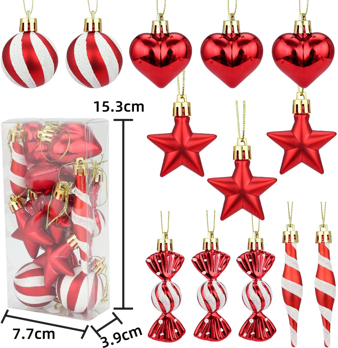 Kerstballen - Kerstversiering - Kerstboomversieringen - Riet - Snoep - Hartvorm - Ster - Ophangbaar - Versier De Kerstboom - Onbreekbaar - 13 Stuks - Klassieke Kerstboomdecoratie - Geschikt Voor Mardi Gras, Pasen, Kerstmis En Thanksgiving - Rood/Wit – foto 3