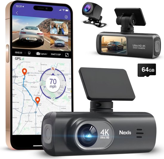 Nexlis Dual Dashcam 4K Ultra HD - Dashcam voor Auto - Voor en Achter - GPS - 4K & 1080P - Nachtzicht - Parkeerstand - Wifi & App - Loop Recording - G-Sensor - Incl. 64GB SD-Kaart