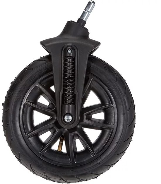 Zwart voorwiel met gesloten velg, rubberen band en vering.
