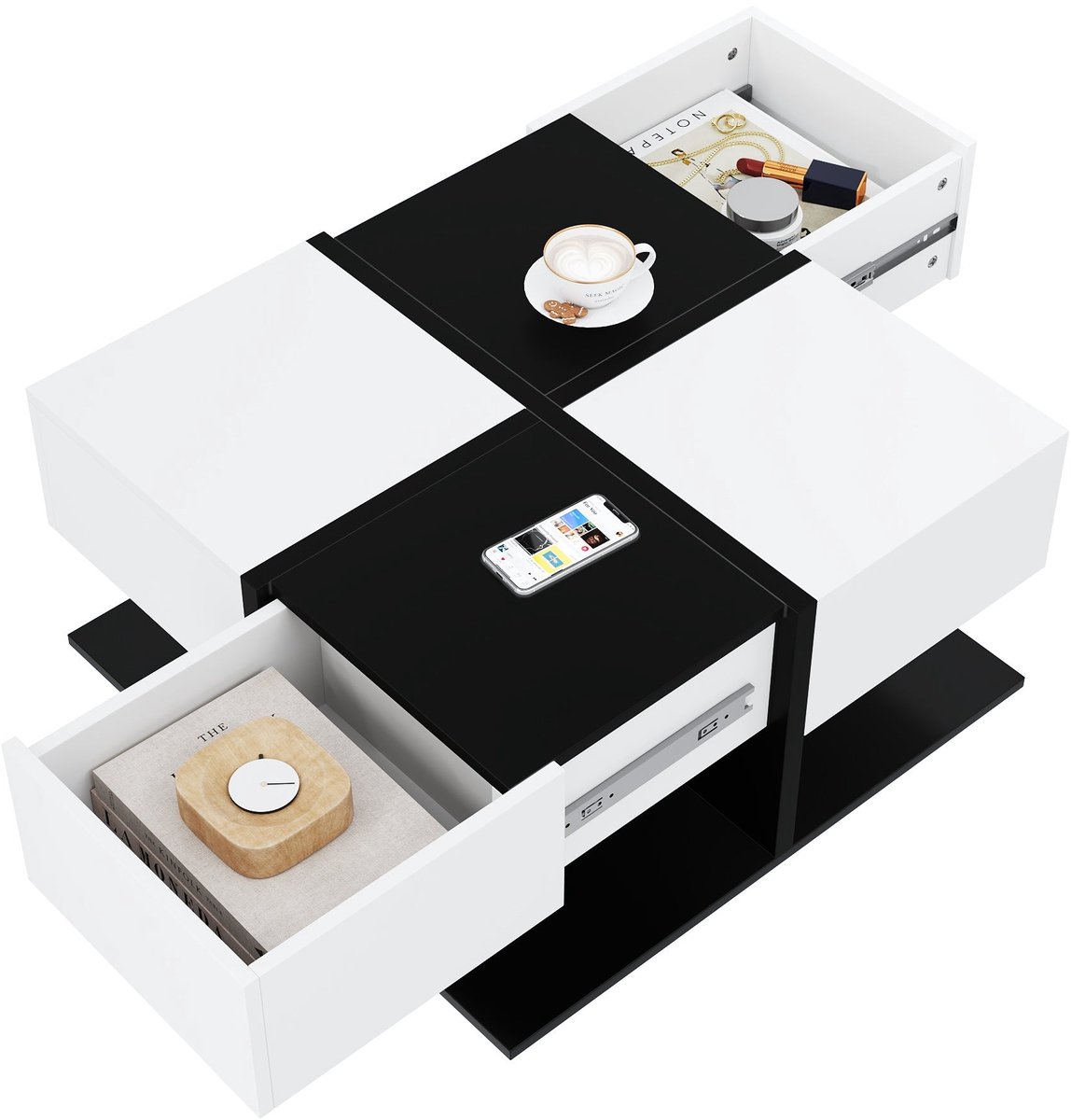 Merax Salontafel - Vierkante Koffietafel - 70x70x35,5 cm - Met 2 Lades - Hoogglans - Zwart & Wit